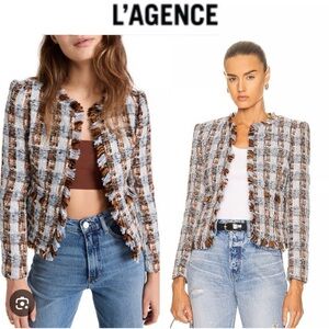 L'Agence Angelina Open Fringe Trim Tweed Jacket